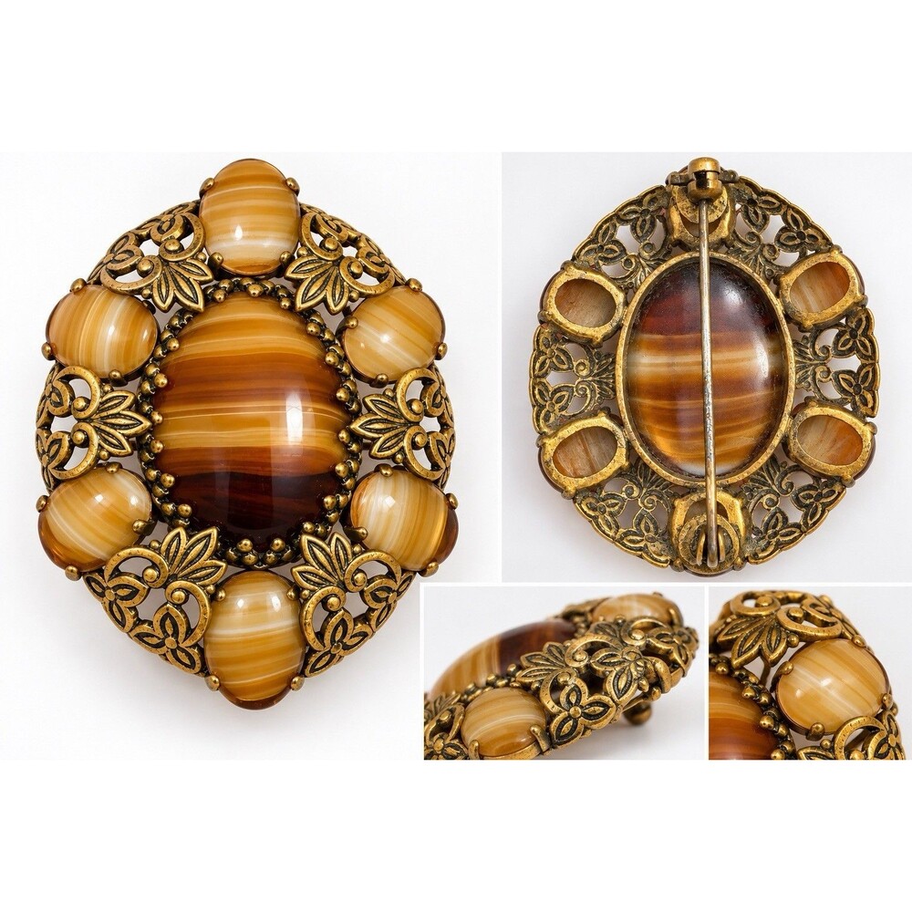 Vintage West Germany Porphyry Glass Brooch Banded Cabochon Gold Tone Filigree